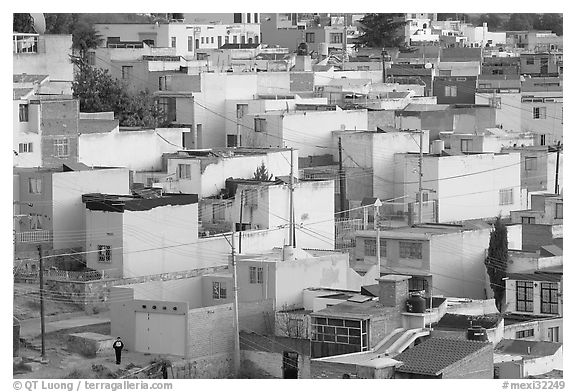 Neighborhood of houses painted in bright colors. Zacatecas, Mexico (black and white)