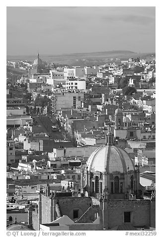 Dome of the Cathedral with Temple of Fatina in the background. Zacatecas, Mexico (black and white)