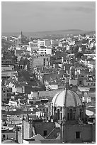 Dome of the Cathedral with Temple of Fatina in the background. Zacatecas, Mexico (black and white)