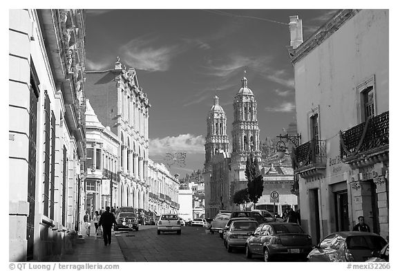 Hidalgo avenue and Cathdedral, morning. Zacatecas, Mexico (black and white)