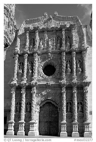 Churrigueresque carvings on the facade of the Cathdedral. Zacatecas, Mexico (black and white)