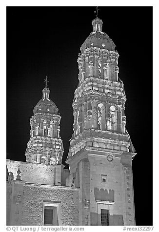 Churrigueresque towers of the Cathedral by night. Zacatecas, Mexico (black and white)