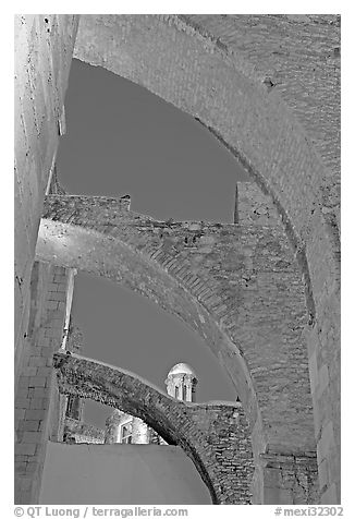 Buttresses of former St Augustine church at night. Zacatecas, Mexico (black and white)
