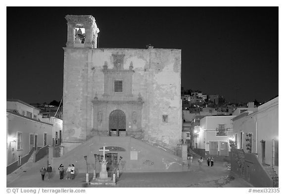 Plaza and church San Roque at night. Guanajuato, Mexico (black and white)