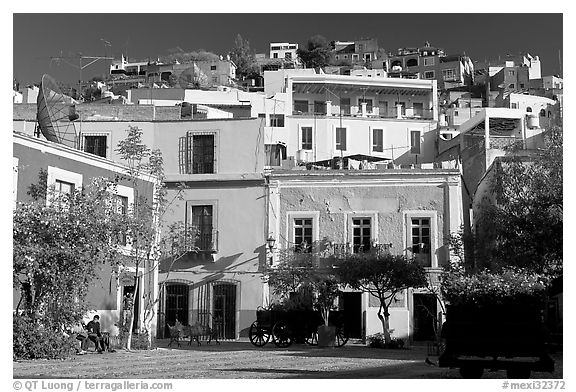 Houses on hill above  Plazuela San Fernando. Guanajuato, Mexico (black and white)