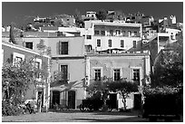 Houses on hill above  Plazuela San Fernando. Guanajuato, Mexico (black and white)