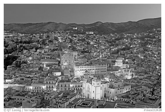 Panoramic view of the historic town with illuminated monuments. Guanajuato, Mexico