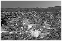 Panoramic view of the historic town with illuminated monuments. Guanajuato, Mexico (black and white)