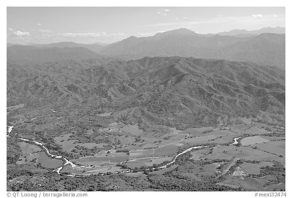 Aerial view of plain, foothills and Sierra de Madre. Mexico (black and white)