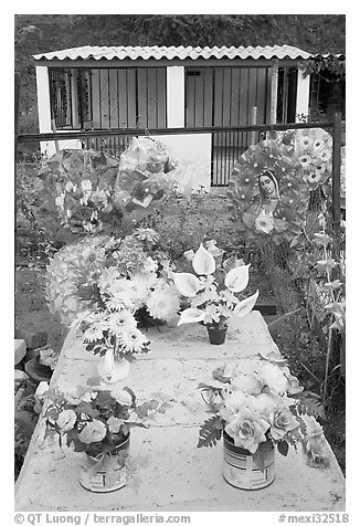 Multicolored flowers on a grave. Mexico (black and white)