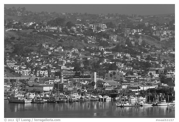 Harbor and hill, Ensenada. Baja California, Mexico (black and white)