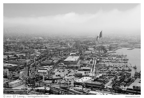 View of downtown and harbor from above, Ensenada. Baja California, Mexico (black and white)