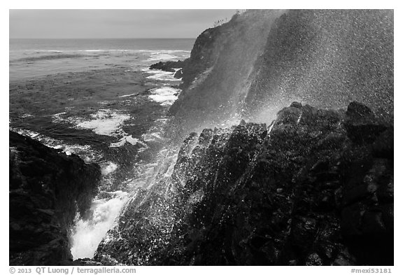Cliffs and spray from blowhole, La Bufadora. Baja California, Mexico (black and white)