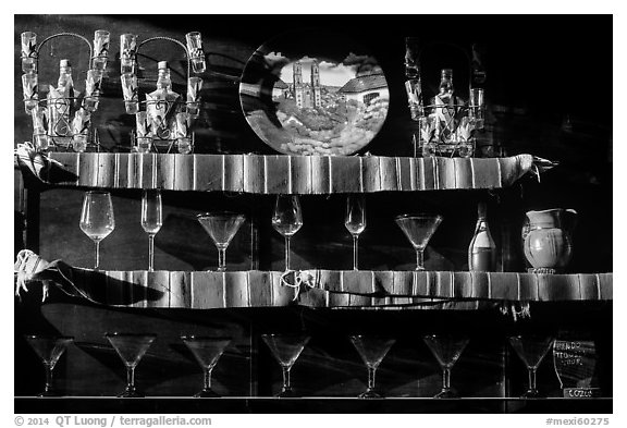 Glasses, tequilla factory. Cozumel Island, Mexico (black and white)