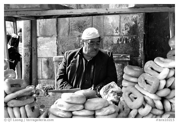 Arab bread vendor. Jerusalem, Israel (black and white)
