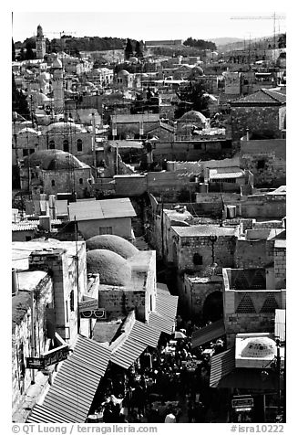 Crowded streets and roofs of the old town. Jerusalem, Israel (black and white)