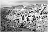 Mar Saba Monastery seen across the Kidron River. West Bank, Occupied Territories (Israel) (black and white)