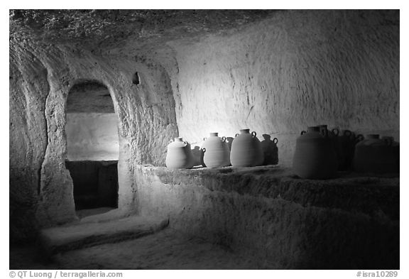 Jars in underground chamber, Avdat. Negev Desert, Israel (black and white)