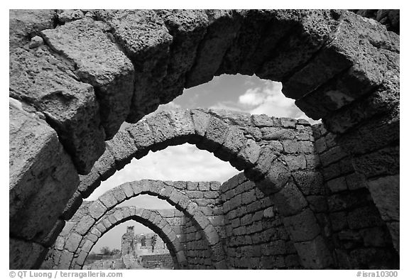Ancient arches, Crusader City,  Caesarea. Israel (black and white)