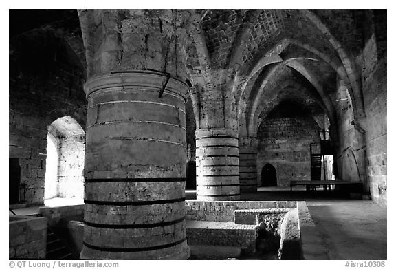 Huge columns in the Knights Hospitalliers quarters, Akko (Acre). Israel (black and white)