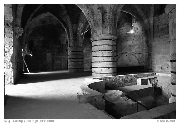 Medieval room of the Knights Hospitalliers quarters, Akko (Acre). Israel (black and white)