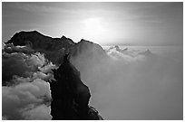 On the very narrow top of Dent du Geant, Mont-Blanc Range, Alps, France. (black and white)