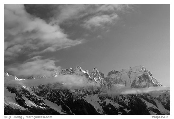 Grandes Jorasses and aretes de Rochefort seen from the Val Veny at sunrise, Alps, Italy.