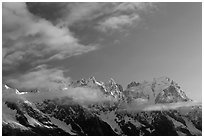 Grandes Jorasses and aretes de Rochefort seen from the Val Veny at sunrise, Alps, Italy. (black and white)