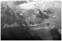 Aiguille du Midi, Tacul, Mt Maudit, and Mt Blanc, Alps, France. (black and white)