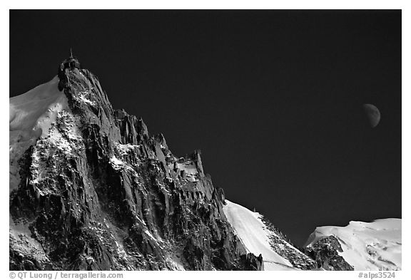 Aiguille du Midi and moon. Alps, France