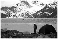 Camper, tent, and East Arm. Glacier Bay National Park, Alaska (black and white)