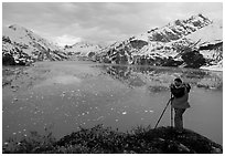 Photographing John Hopkins Inlet. Glacier Bay National Park, Alaska (black and white)