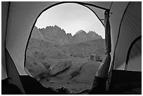 Palissades seen from inside a tent, Dusy Basin. Kings Canyon National Park, California (black and white)