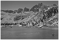 Man bathing in alpine lake, lower Dusy Basin. Kings Canyon National Park, California (black and white)