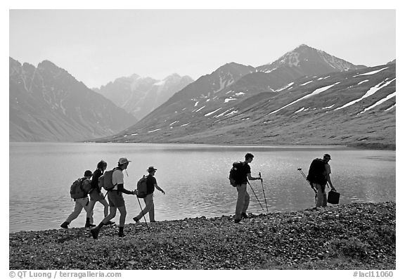Group of hikers on the shores of Turquoise Lake. Lake Clark National Park, Alaska