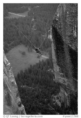 [photo by Bryce Nesbitt] Tyrolean traverse from Lost Arrow Spire. Yosemite National Park, California