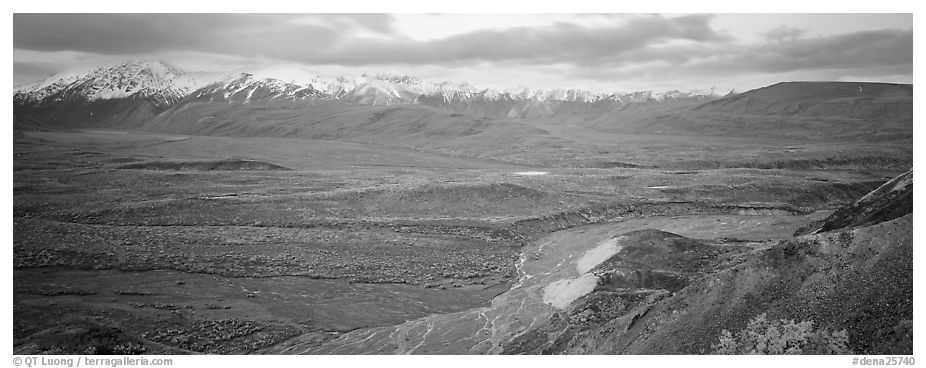 Wide mountain valley with braided river. Denali National Park (black and white)