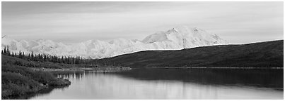 Pastel landscape with Mount McKinley reflected in lake. Denali  National Park (Panoramic black and white)
