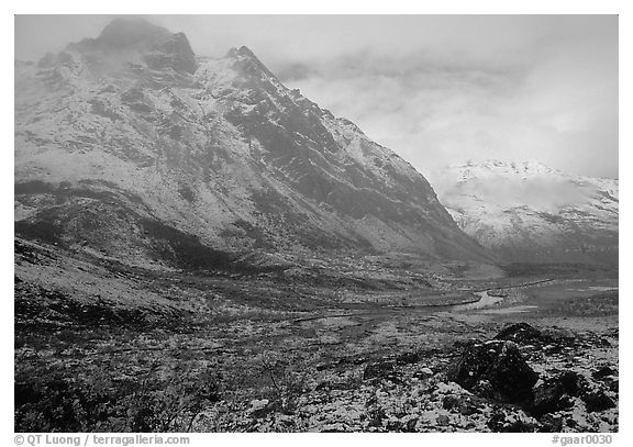 Fresh snow near Arrigetch Peaks. Gates of the Arctic National Park (black and white)
