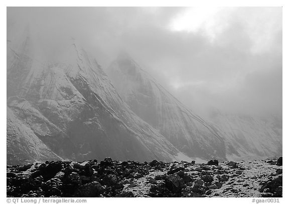 Fresh snow dusts the Arrigetch Peaks. Gates of the Arctic National Park (black and white)