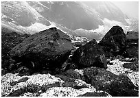 Boulders at the base of Arrigetch Peaks. Gates of the Arctic National Park, Alaska, USA. (black and white)