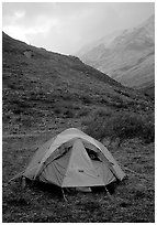 Camping in Arrigetch Valley. Gates of the Arctic National Park, Alaska (black and white)