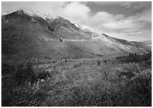 Tundra, valley, and mountains with fresh snow. Gates of the Arctic National Park, Alaska, USA. (black and white)