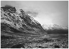 Valley and mountains, clearing storm. Gates of the Arctic National Park, Alaska, USA. (black and white)