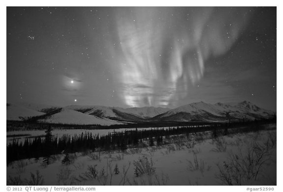 Venus, Jupiter, and Aurora. Gates of the Arctic National Park (black and white)