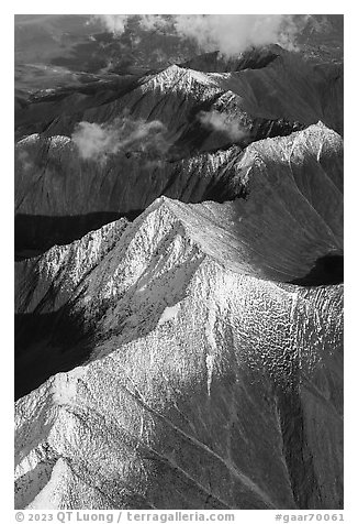 Aerial view of snowy peaks. Gates of the Arctic National Park (black and white)
