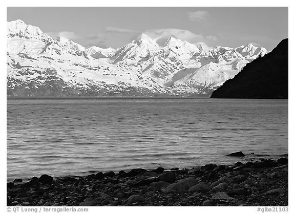 Snowy mountains of Fairweather range and West Arm, morning. Glacier Bay National Park (black and white)