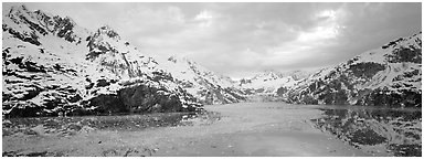 Fjord landscape with mountains and glaciers. Glacier Bay National Park (Panoramic black and white)