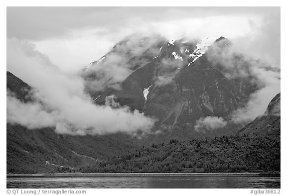 Peaks and low rain clouds. Glacier Bay National Park (black and white)