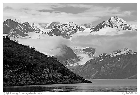 Peaks of Fairweather range with clearing clouds. Glacier Bay National Park (black and white)